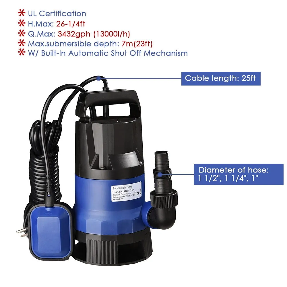 1HP 750W Submersible Water Sump Pump Dirty Pond Clean Swim Pool Flood