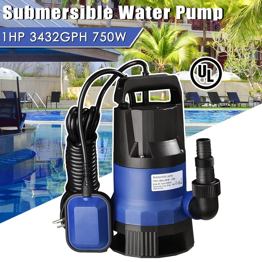 1HP 750W Submersible Water Sump Pump Dirty Pond Clean Swim Pool Flood