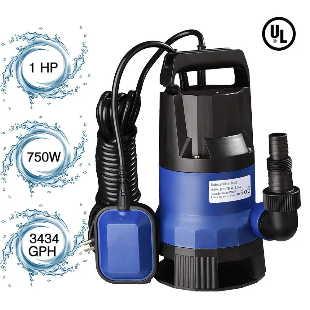 1HP 750W Submersible Water Sump Pump Dirty Pond Clean Swim Pool Flood