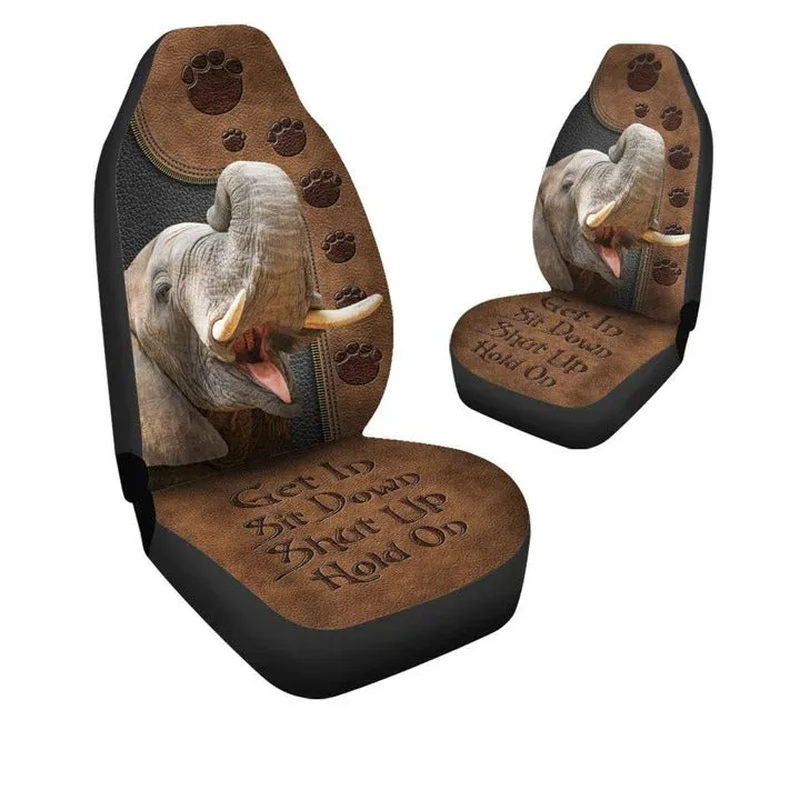 3D All Over Printed Elephant Car Seat Cover Brown Leather Pattern, Shut Up Hold On Seat Cover