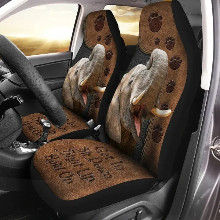 3D All Over Printed Elephant Car Seat Cover Brown Leather Pattern, Shut Up Hold On Seat Cover