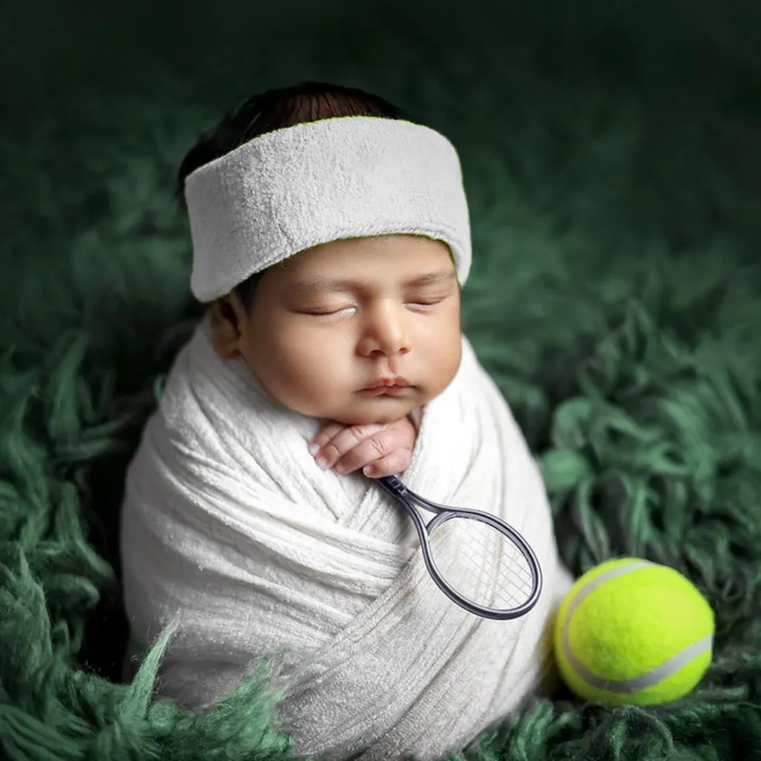 Babymoon Tennis Ball, Racket & Belt | Baby Photography Props | Set Of 3 | 1 Yr | White