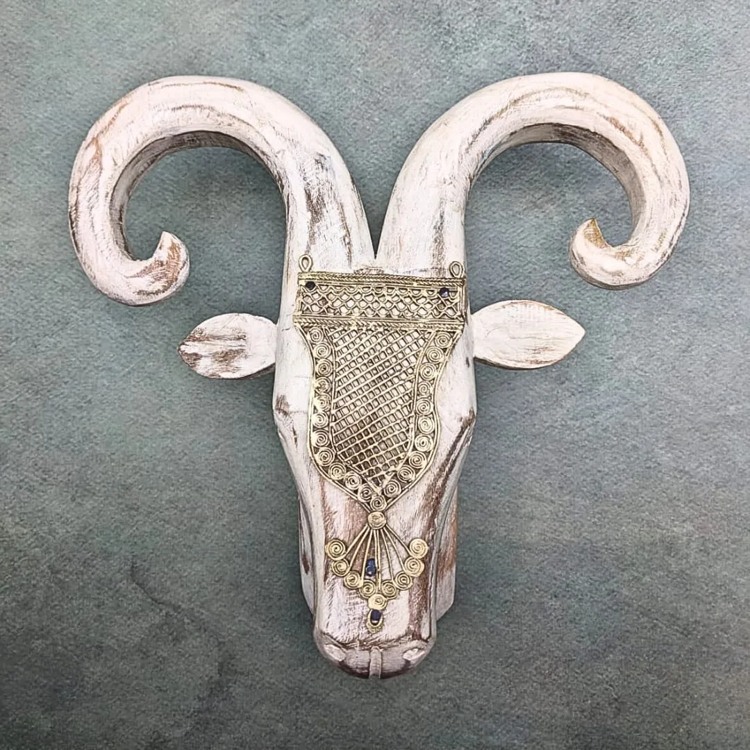 Brass Accessorized Wooden Ram Head ( white distress)