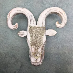 Brass Accessorized Wooden Ram Head ( white distress)