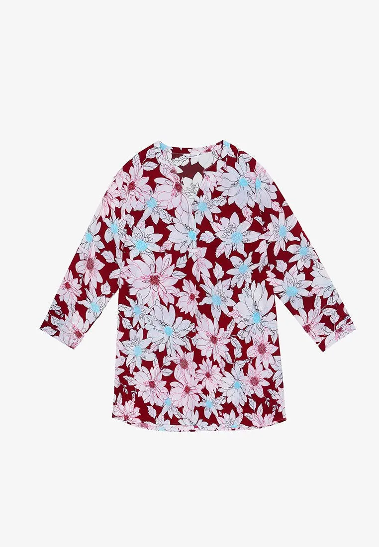 Calista Stand Collar Floral Blouse - Red