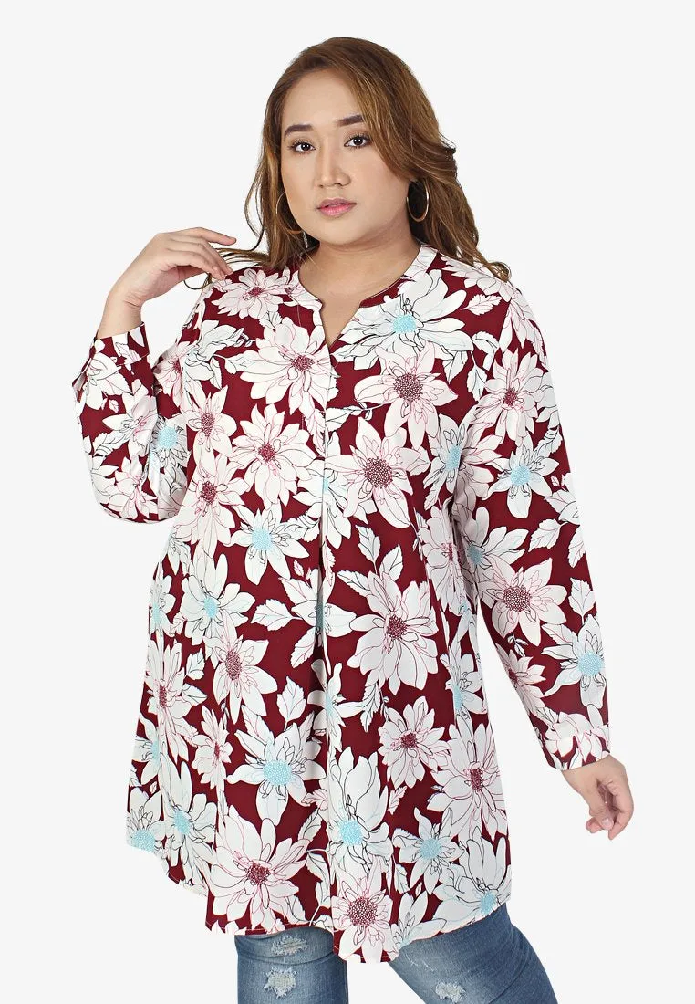Calista Stand Collar Floral Blouse - Red