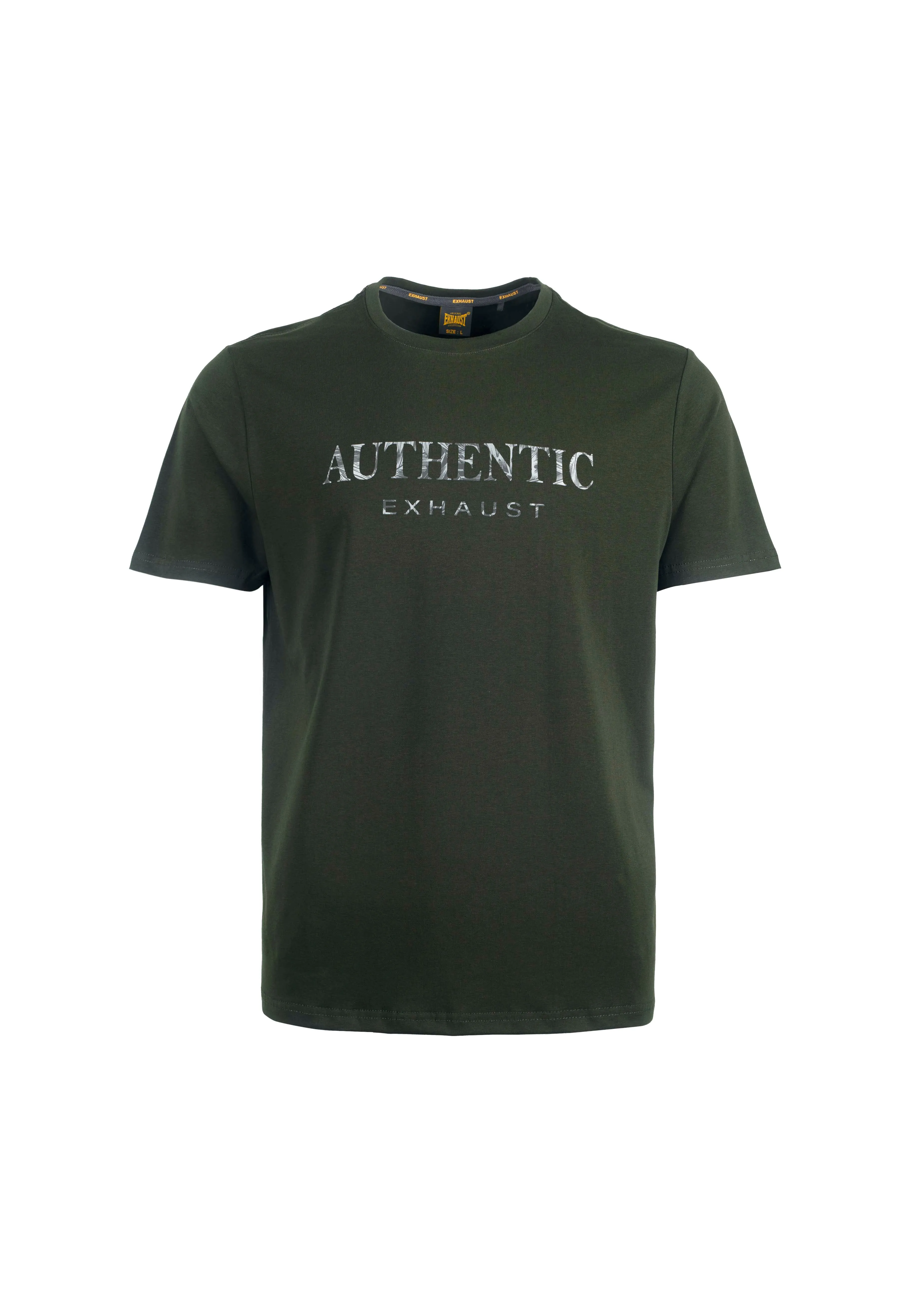EXHAUST Word Print with Light Reflect Effect Short Sleeve Round Neck T-shirt [Regular Fit] 1405