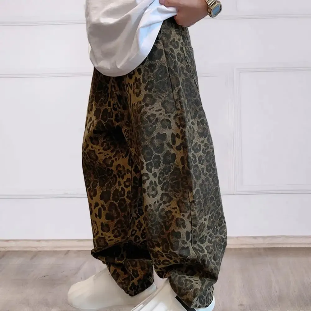 FLYTONN-Men Pants Loose Deep Crotch Retro Hip Hop Leopard Print Bottoms Pockets Mid Waist Full Length Stretwear Long Trousers