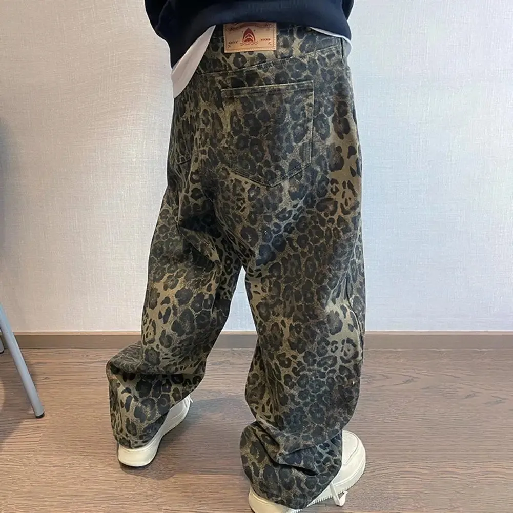 FLYTONN-Men Pants Loose Deep Crotch Retro Hip Hop Leopard Print Bottoms Pockets Mid Waist Full Length Stretwear Long Trousers