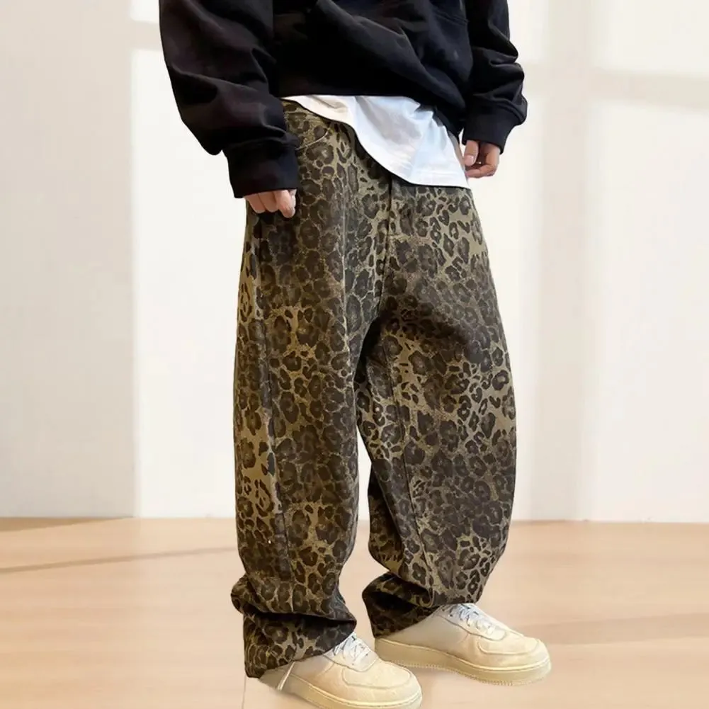 FLYTONN-Men Pants Loose Deep Crotch Retro Hip Hop Leopard Print Bottoms Pockets Mid Waist Full Length Stretwear Long Trousers