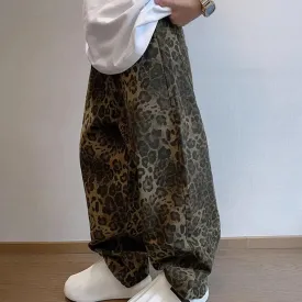 FLYTONN-Men Pants Loose Deep Crotch Retro Hip Hop Leopard Print Bottoms Pockets Mid Waist Full Length Stretwear Long Trousers