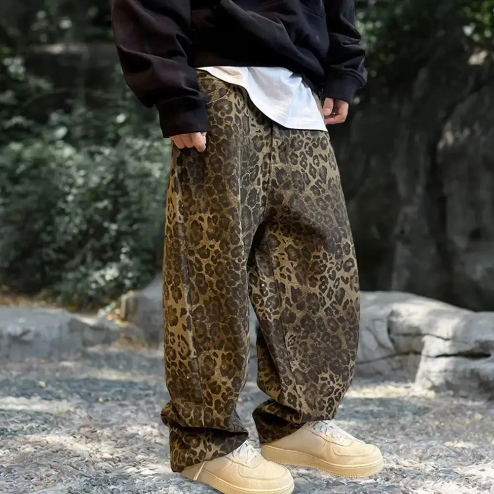 FLYTONN-Men Pants Loose Deep Crotch Retro Hip Hop Leopard Print Bottoms Pockets Mid Waist Full Length Stretwear Long Trousers