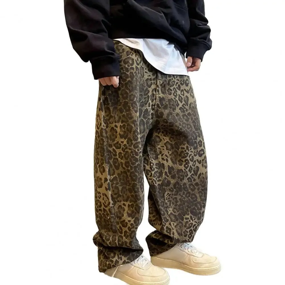 FLYTONN-Men Pants Loose Deep Crotch Retro Hip Hop Leopard Print Bottoms Pockets Mid Waist Full Length Stretwear Long Trousers