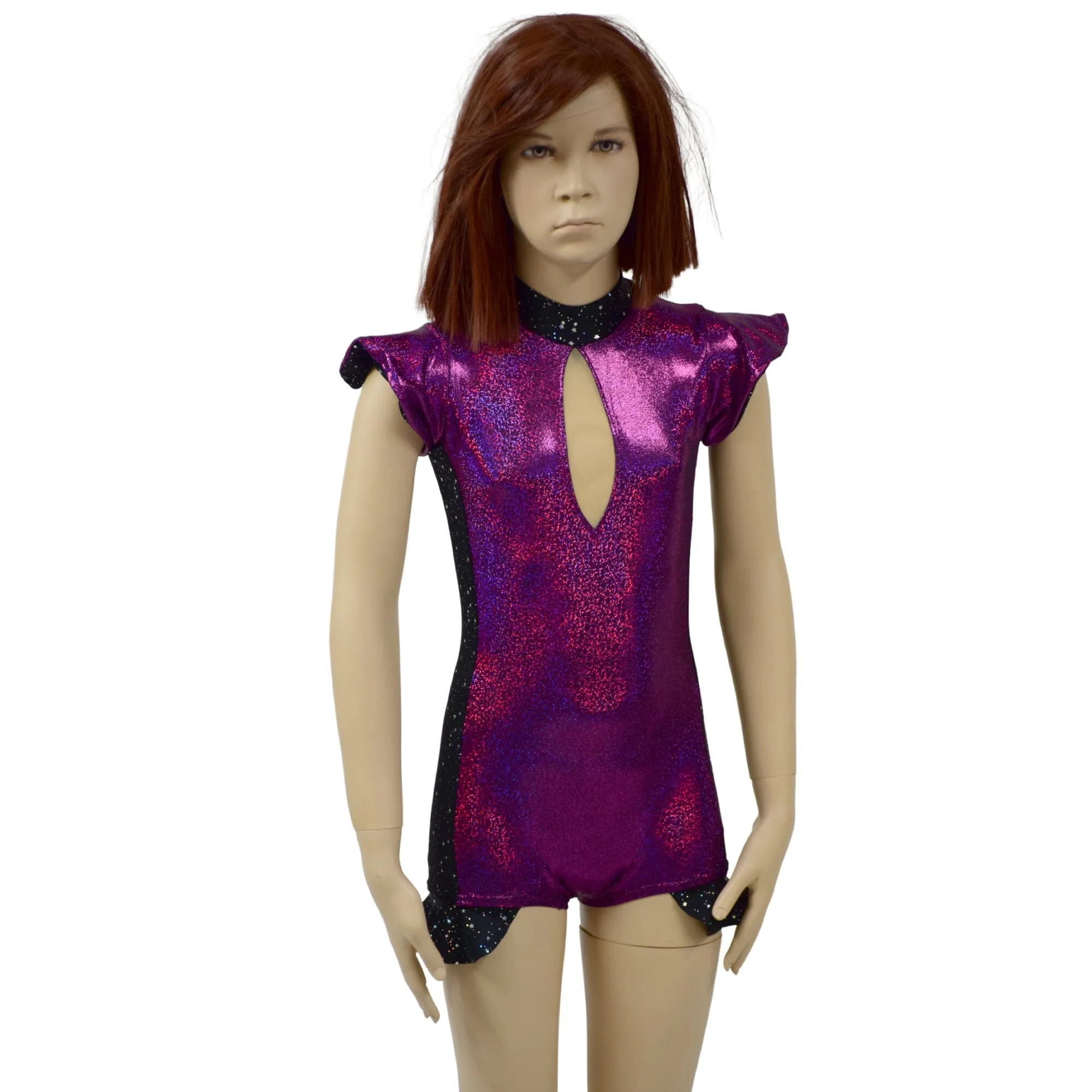 Girls Fuchsia Sparkly Jewel Romper with Side Panels and Keyhole