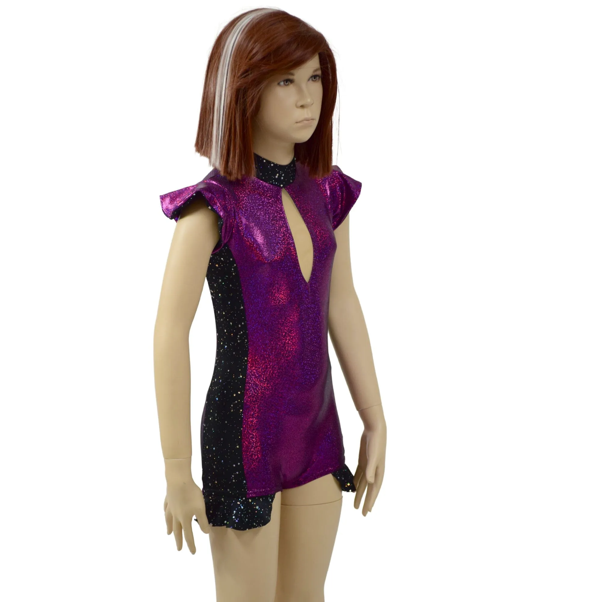 Girls Fuchsia Sparkly Jewel Romper with Side Panels and Keyhole