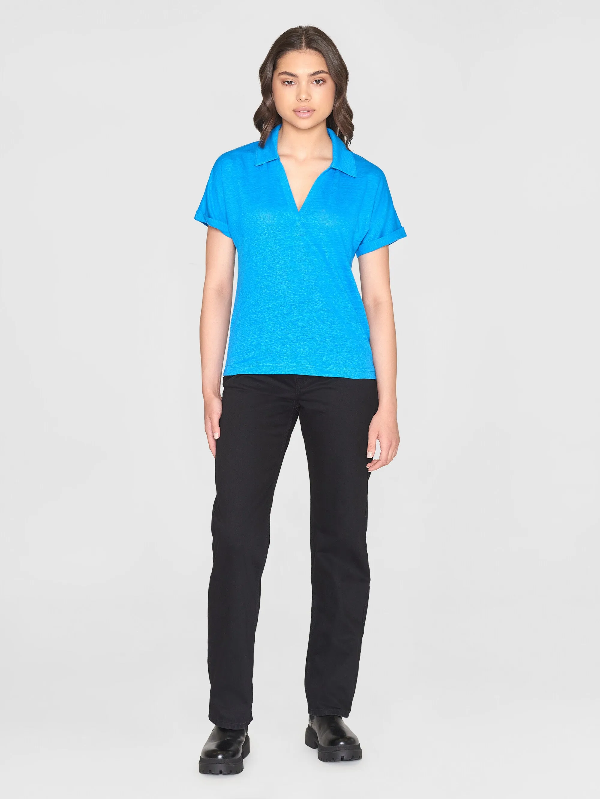 Linen bat sleeve polo - GOTS/Vegan - Malibu Blue