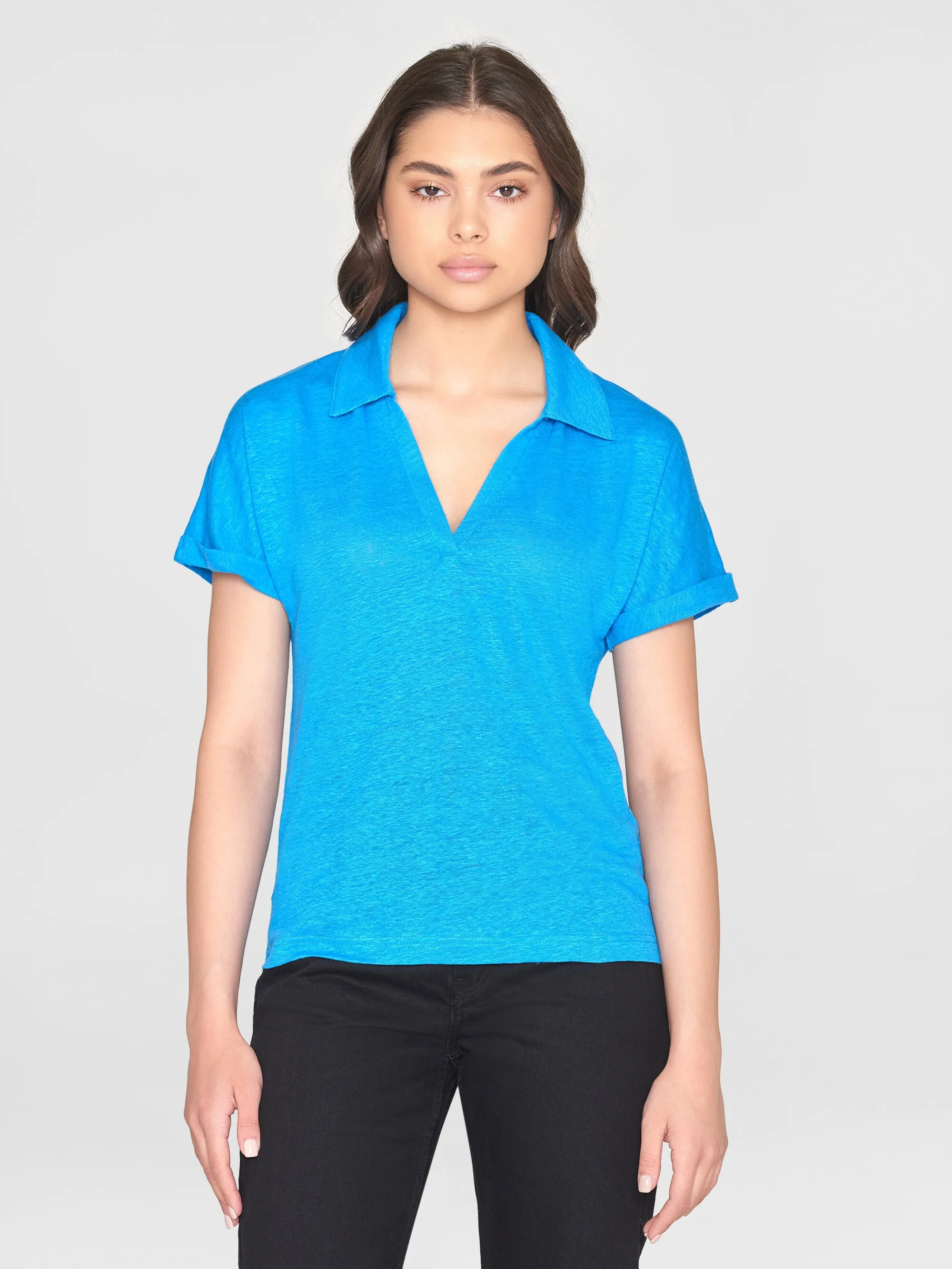Linen bat sleeve polo - GOTS/Vegan - Malibu Blue