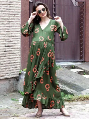 Olive Green Floral Print Maternity Dress