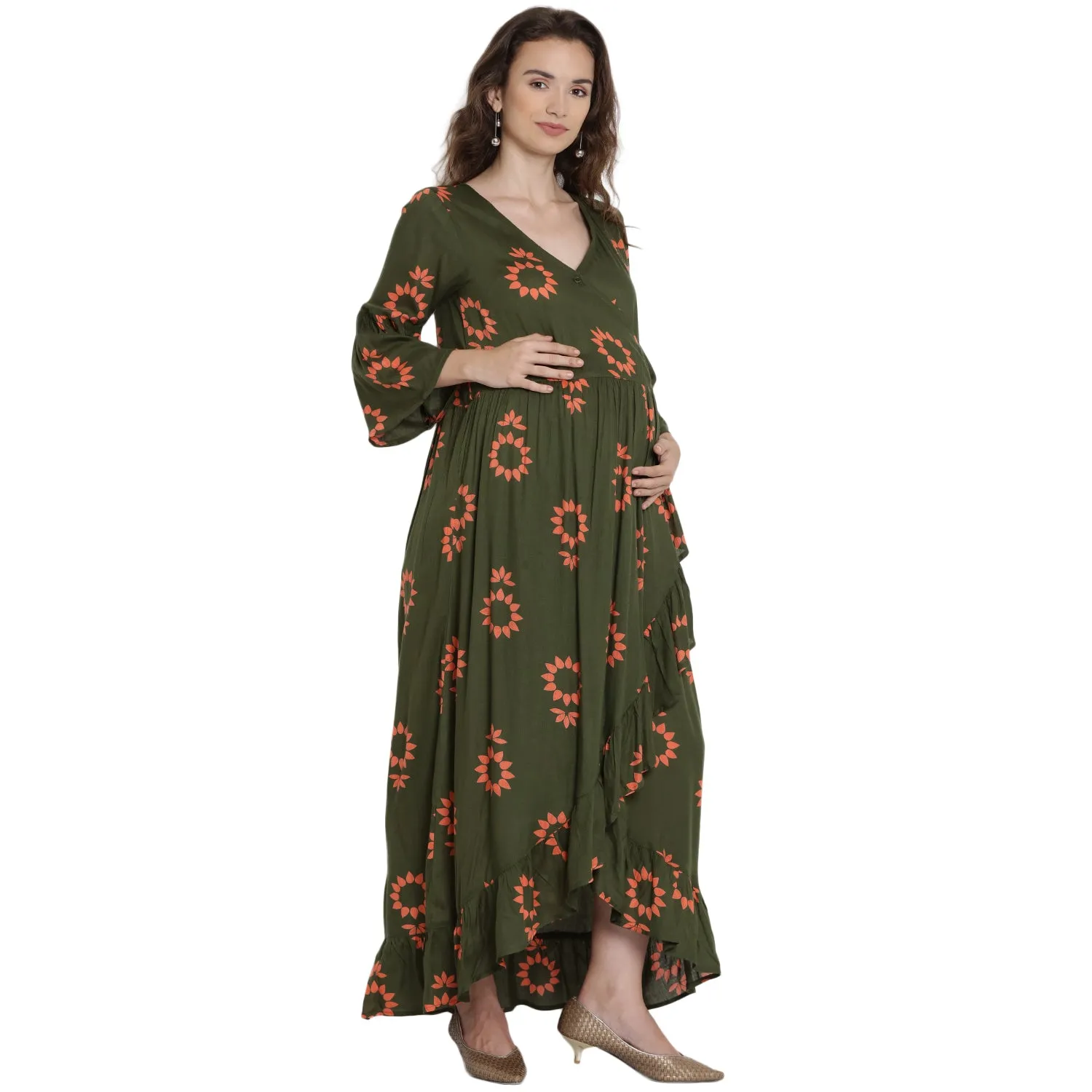 Olive Green Floral Print Maternity Dress