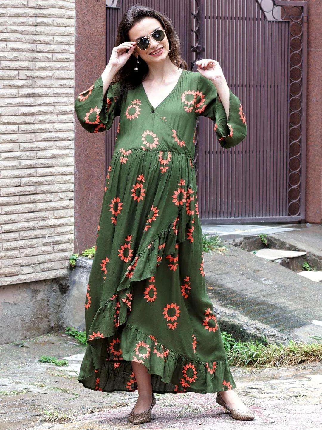 Olive Green Floral Print Maternity Dress