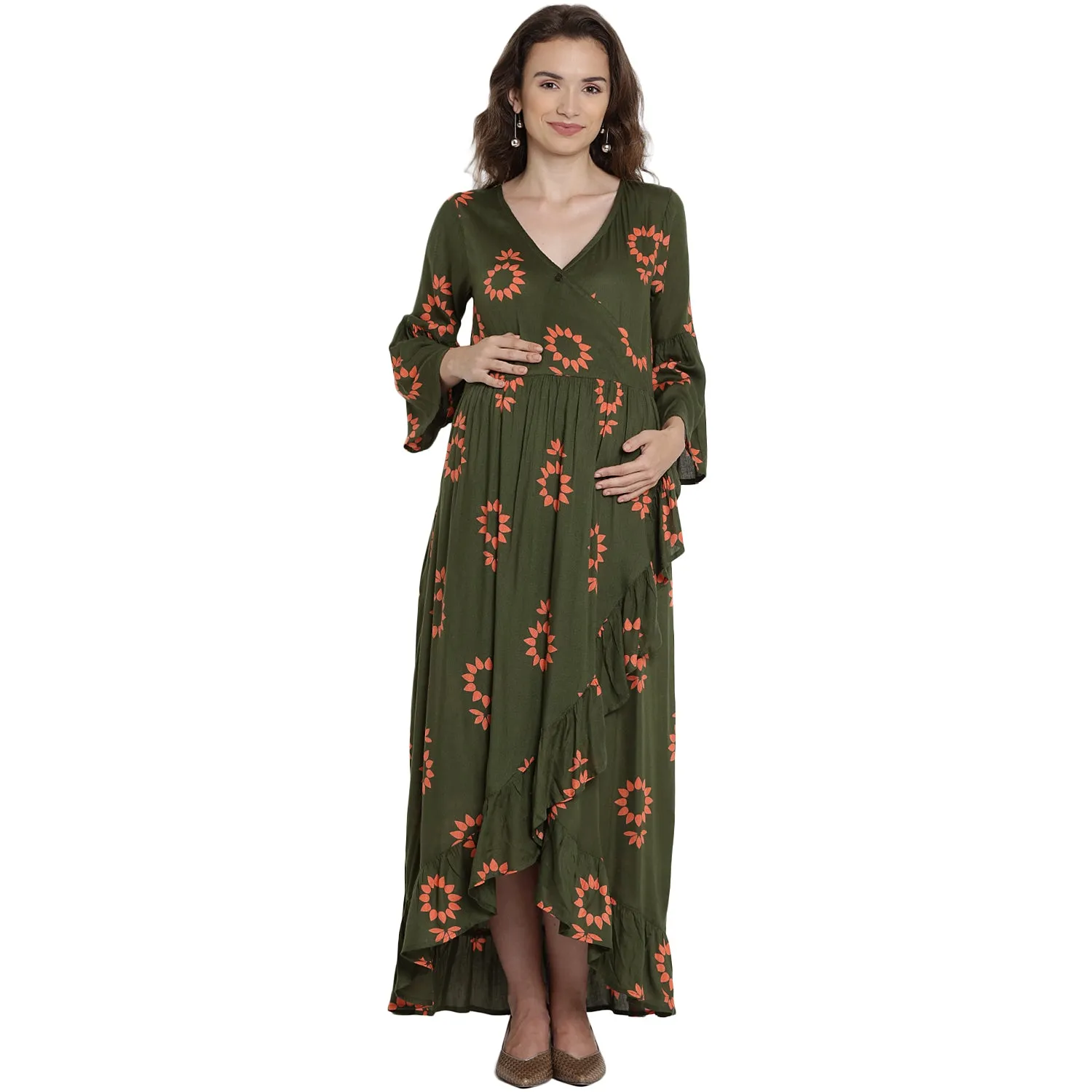Olive Green Floral Print Maternity Dress