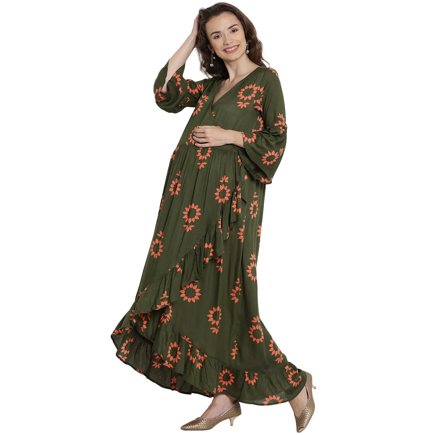 Olive Green Floral Print Maternity Dress