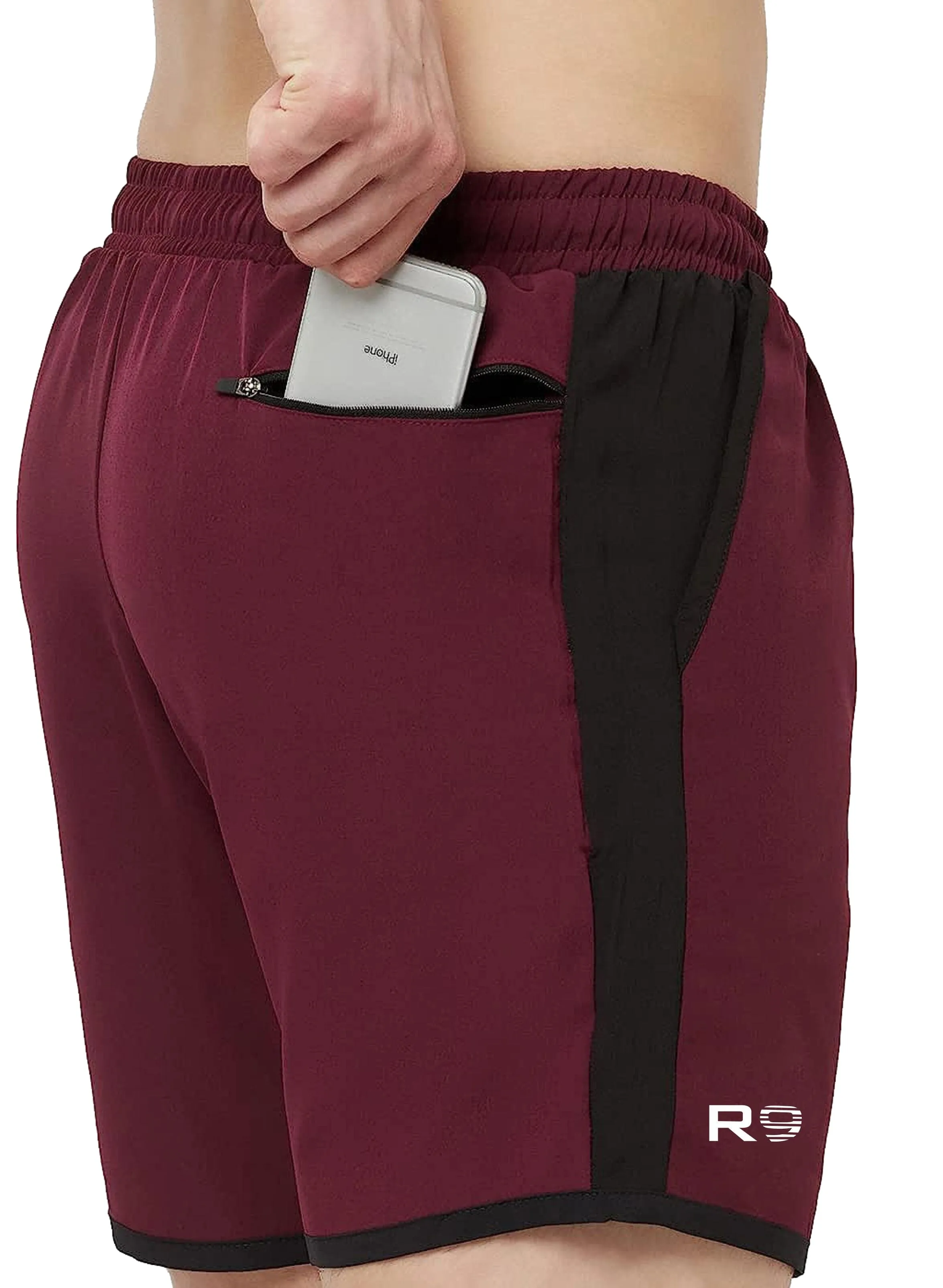 Romano nx Men's Maroon 7 inch Dry Fit Sports Running Reflective Shorts with 2 Side Pockets and Zipper Back Pocket