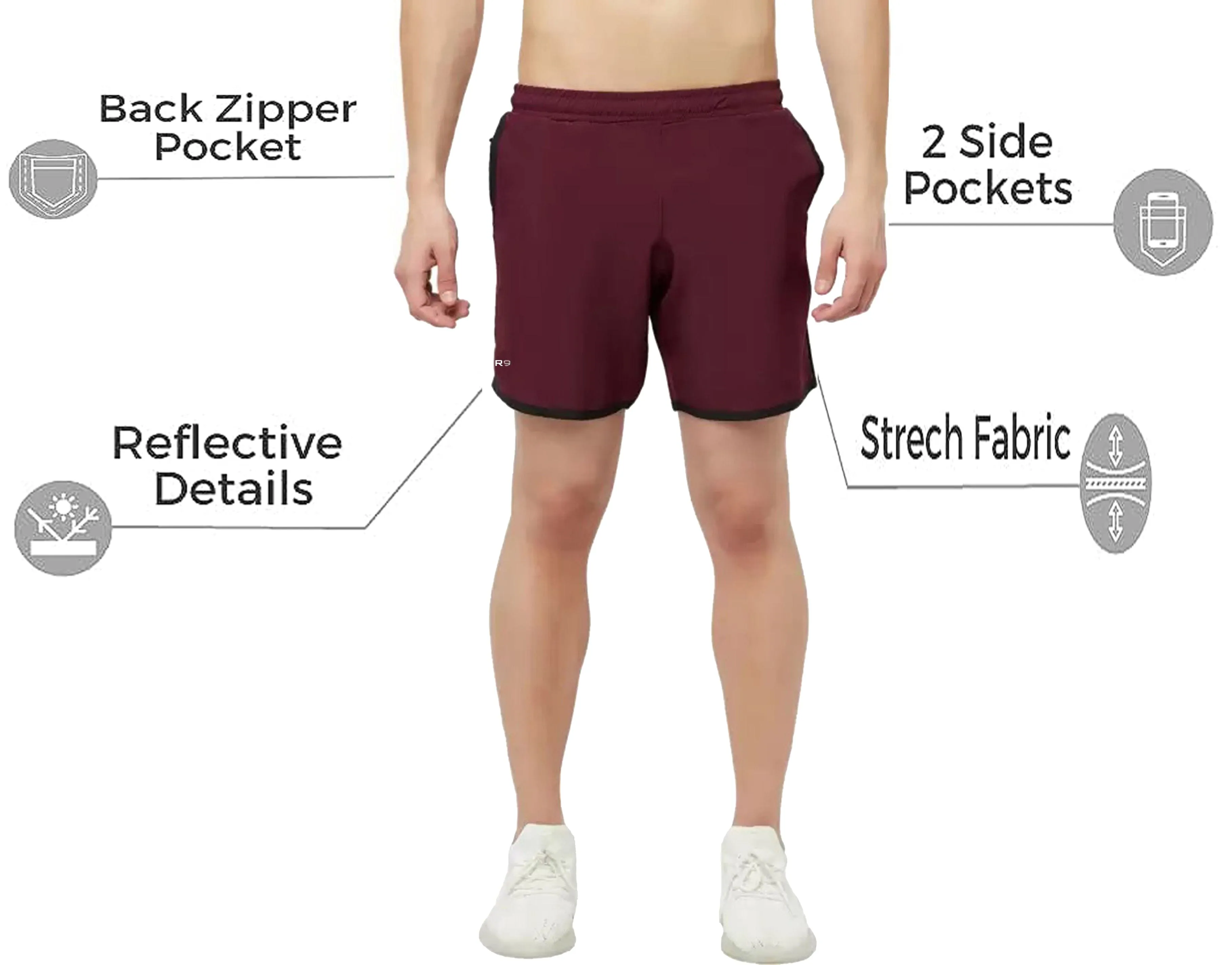 Romano nx Men's Maroon 7 inch Dry Fit Sports Running Reflective Shorts with 2 Side Pockets and Zipper Back Pocket