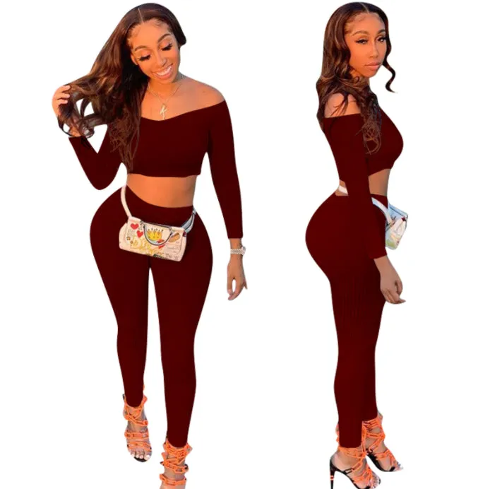Solid Color Threaded One Shoulder Pants Set