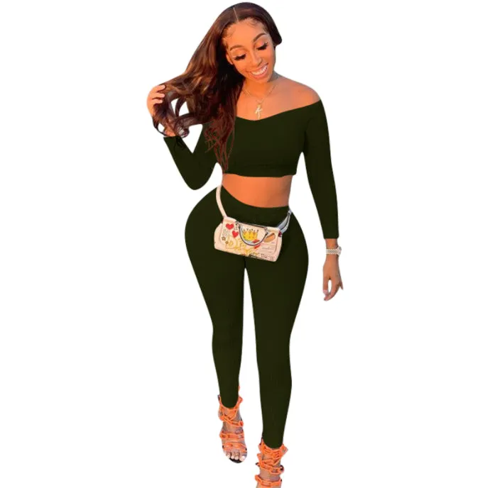 Solid Color Threaded One Shoulder Pants Set
