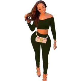 Solid Color Threaded One Shoulder Pants Set