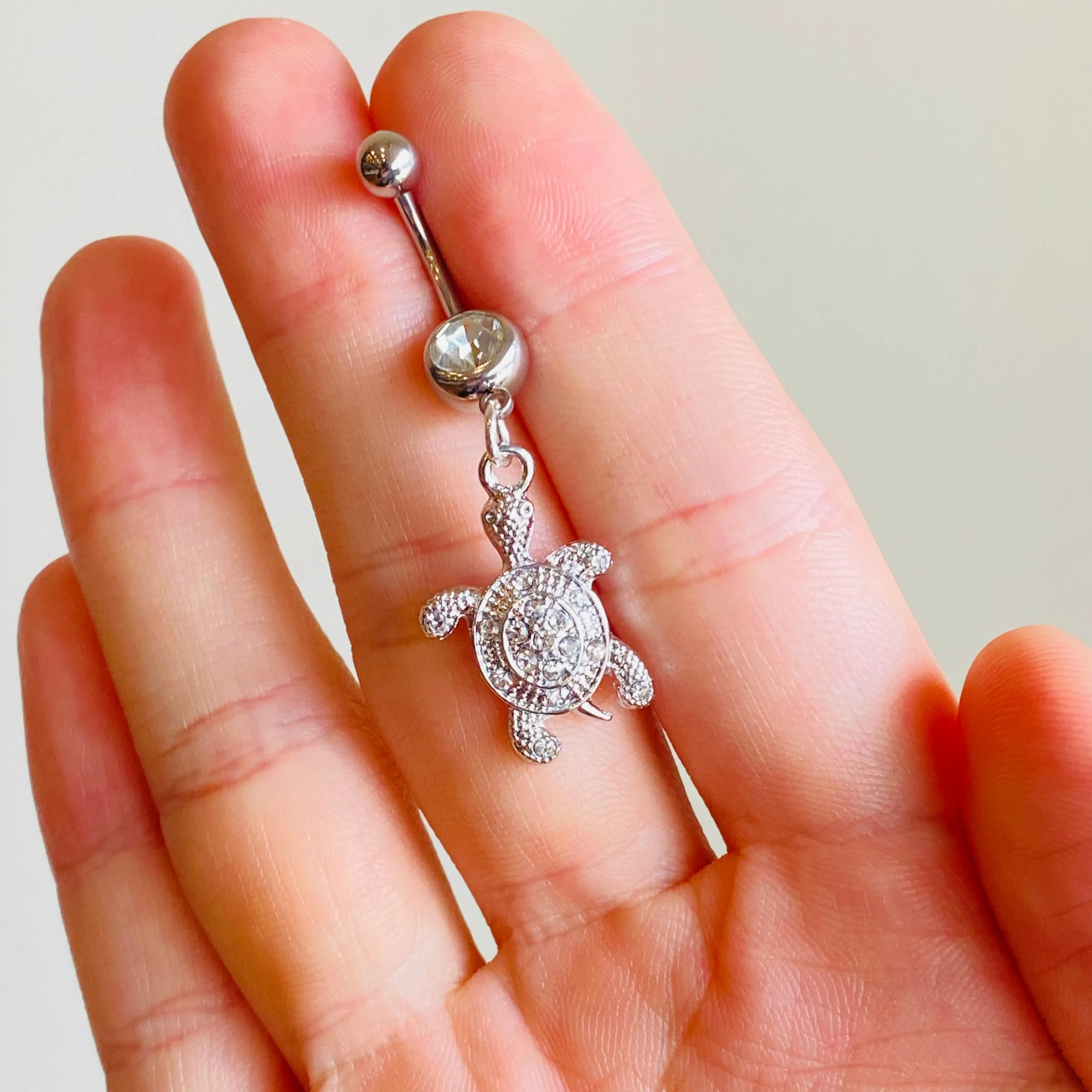 Steel CZ Gem Turtle Dangle Belly Ring