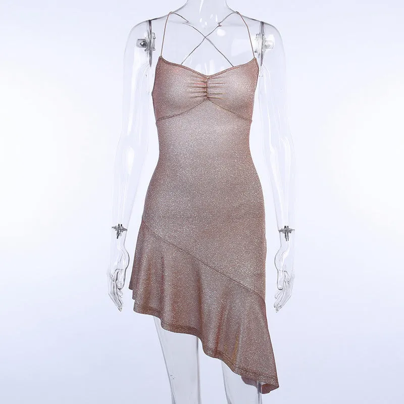 Territory frat outfits Slip-on Shiny Backless Lace-up Dress Oblique Evening Dress Women's Summer Slim-Fit Nightclub Bottoming Hip Skirt Fashion