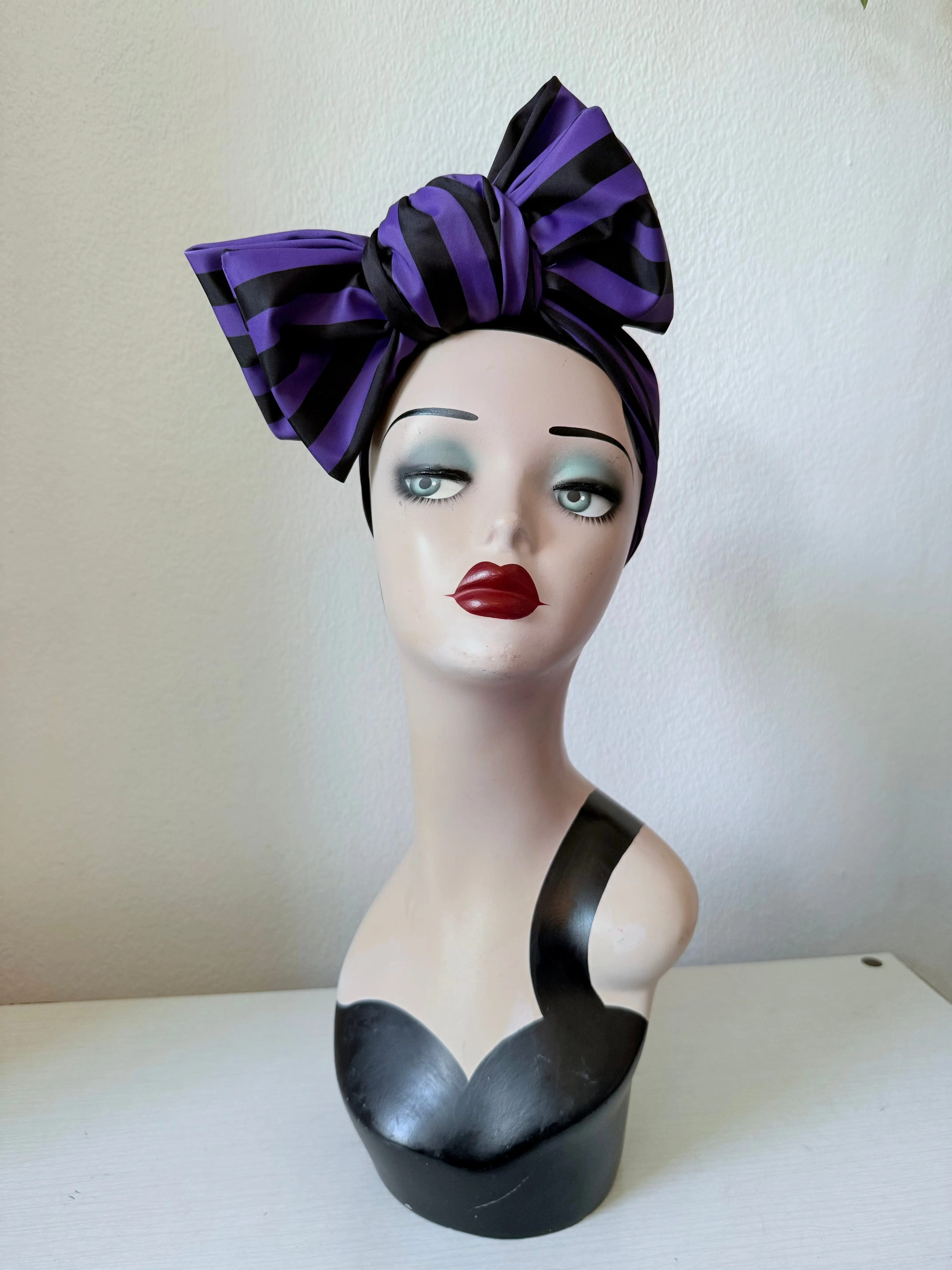 TILT KNOT 1940s Pre-tied Stretchy Headband in Black & Purple Stripes🎃