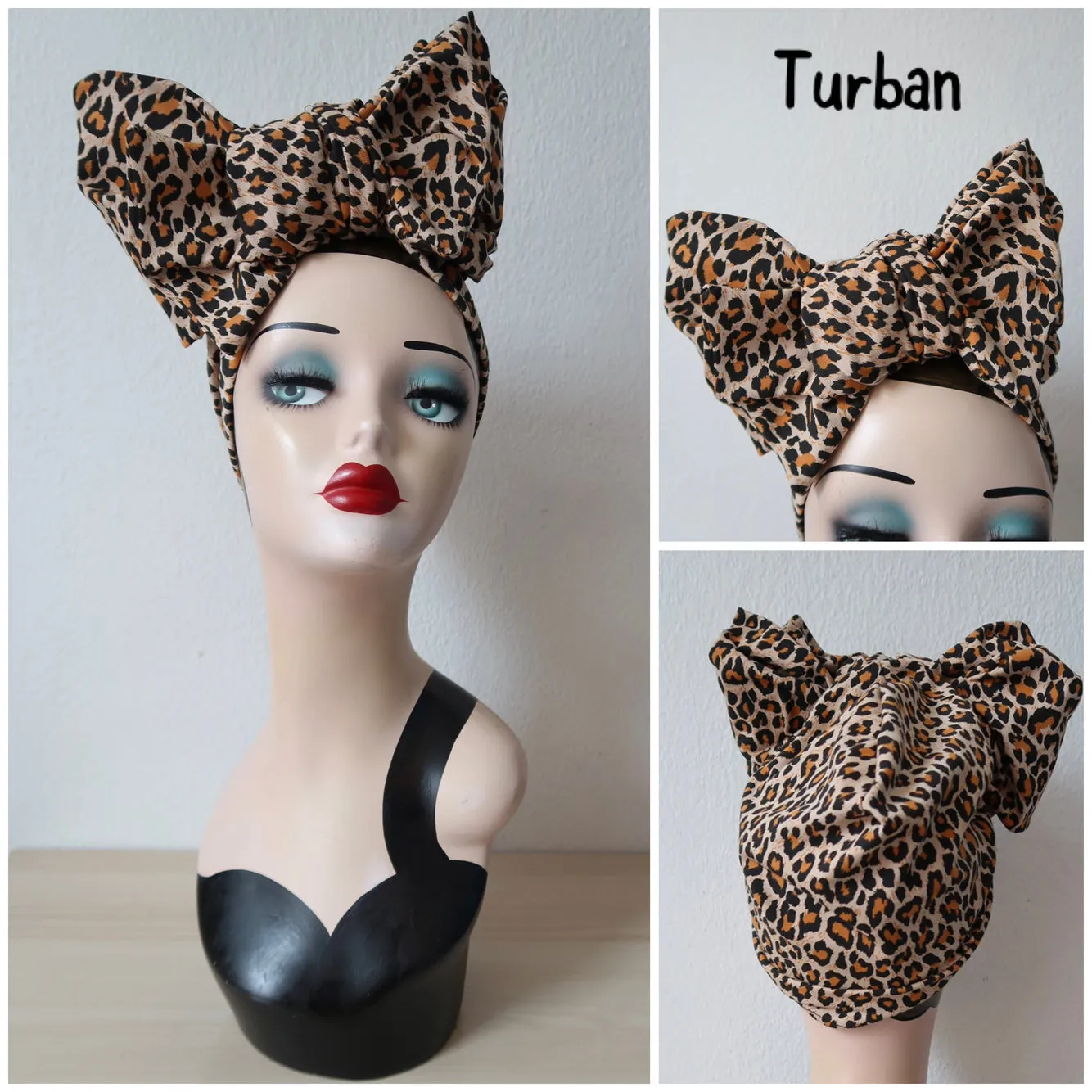 TILT KNOT 1940s Pre-tied Stretchy Headband OR Turban in Black, Red or Leopard (made to order)