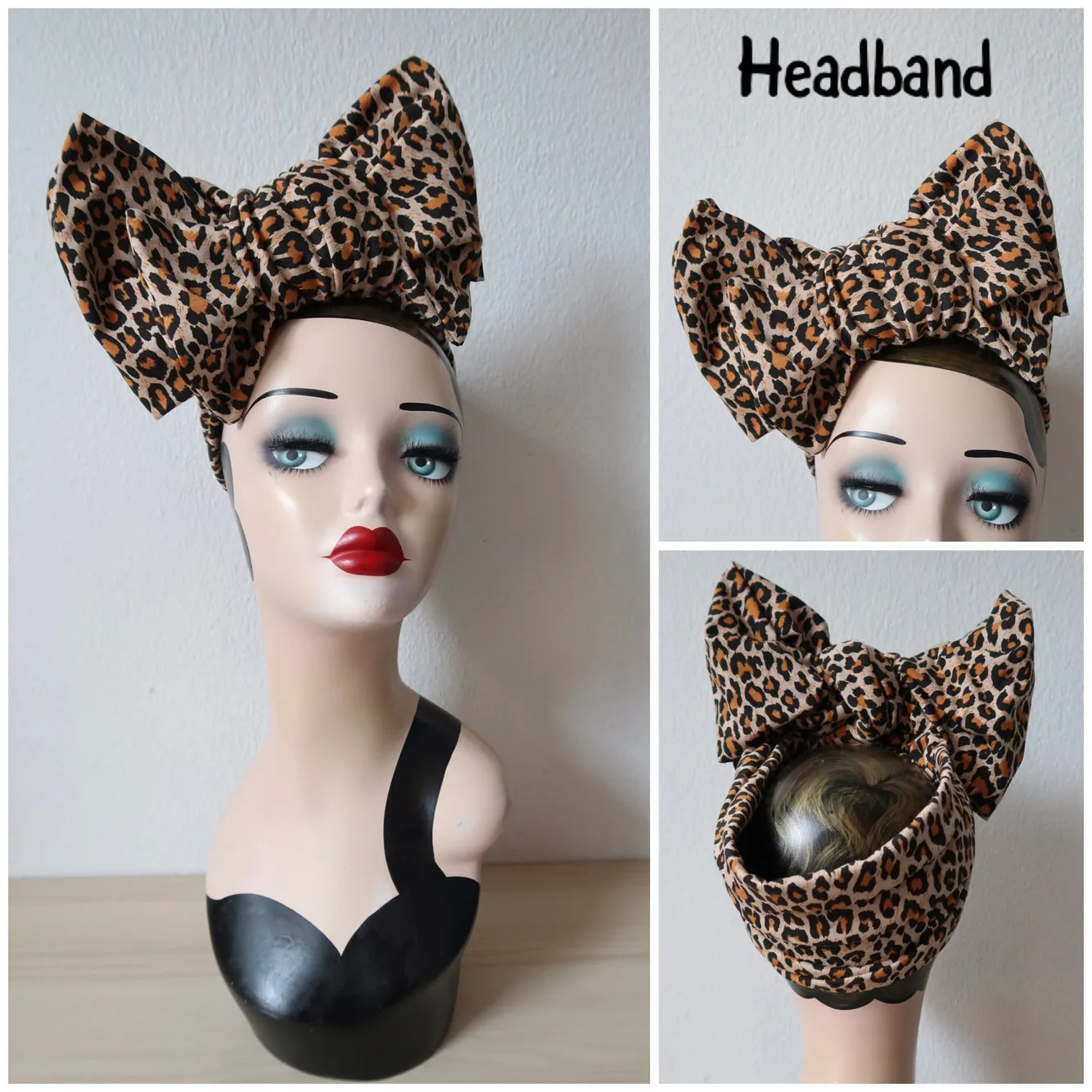 TILT KNOT 1940s Pre-tied Stretchy Headband OR Turban in Black, Red or Leopard (made to order)